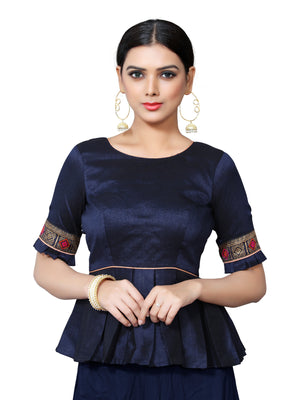 In-Sattva Women's Silk Lace Button Half Sleeve Blouse; Navy Blue