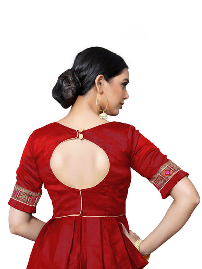 In-Sattva Women's Silk Lace Button Half Sleeve Blouse; Carmine Red