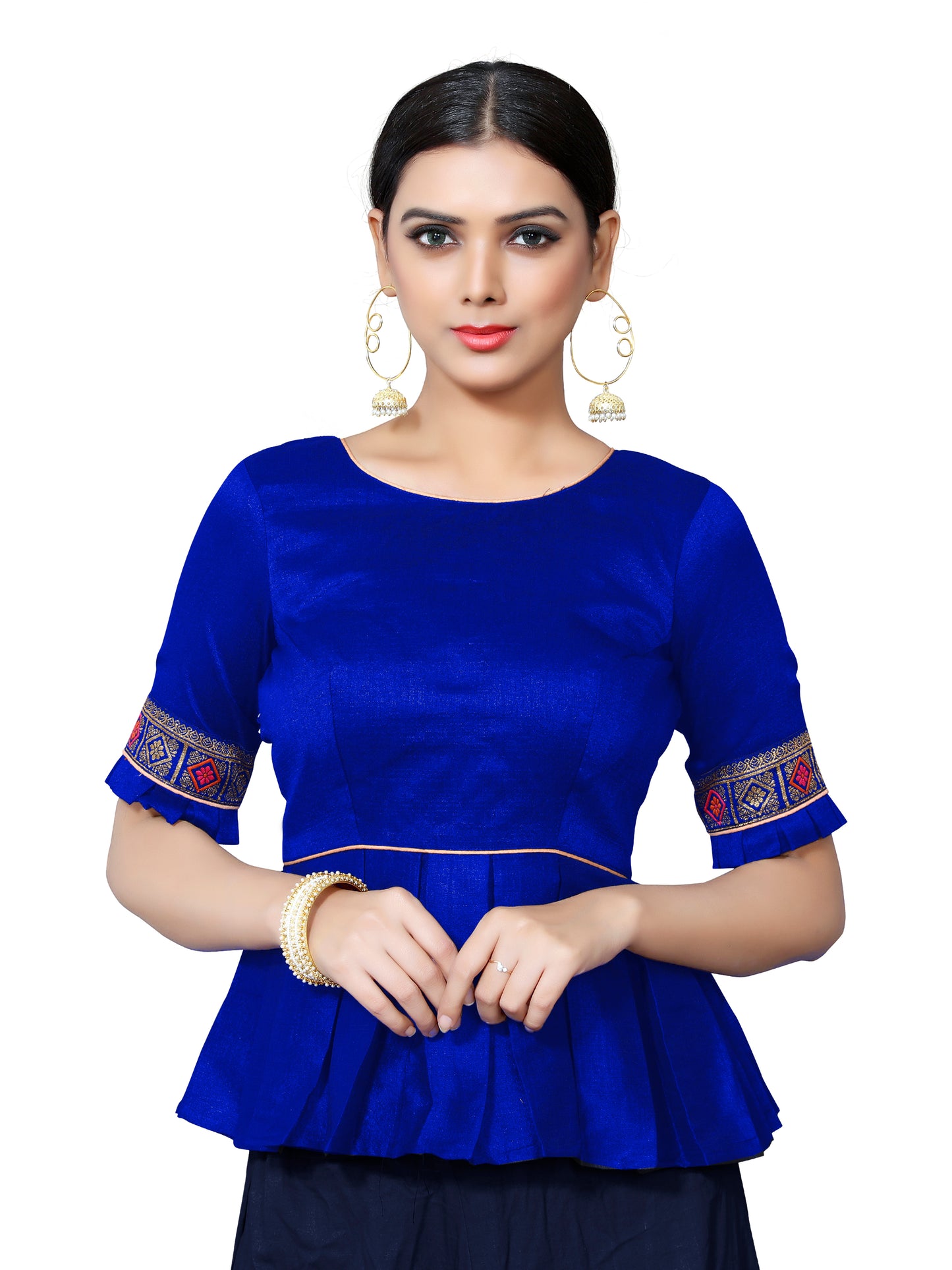 In-Sattva Women's Silk Lace Button Half Sleeve Blouse; Vibrant Blue