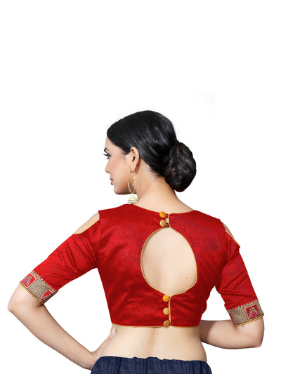 In-Sattva Women's Silk Lace Pearl Round Neck Blouse; Sangria Red