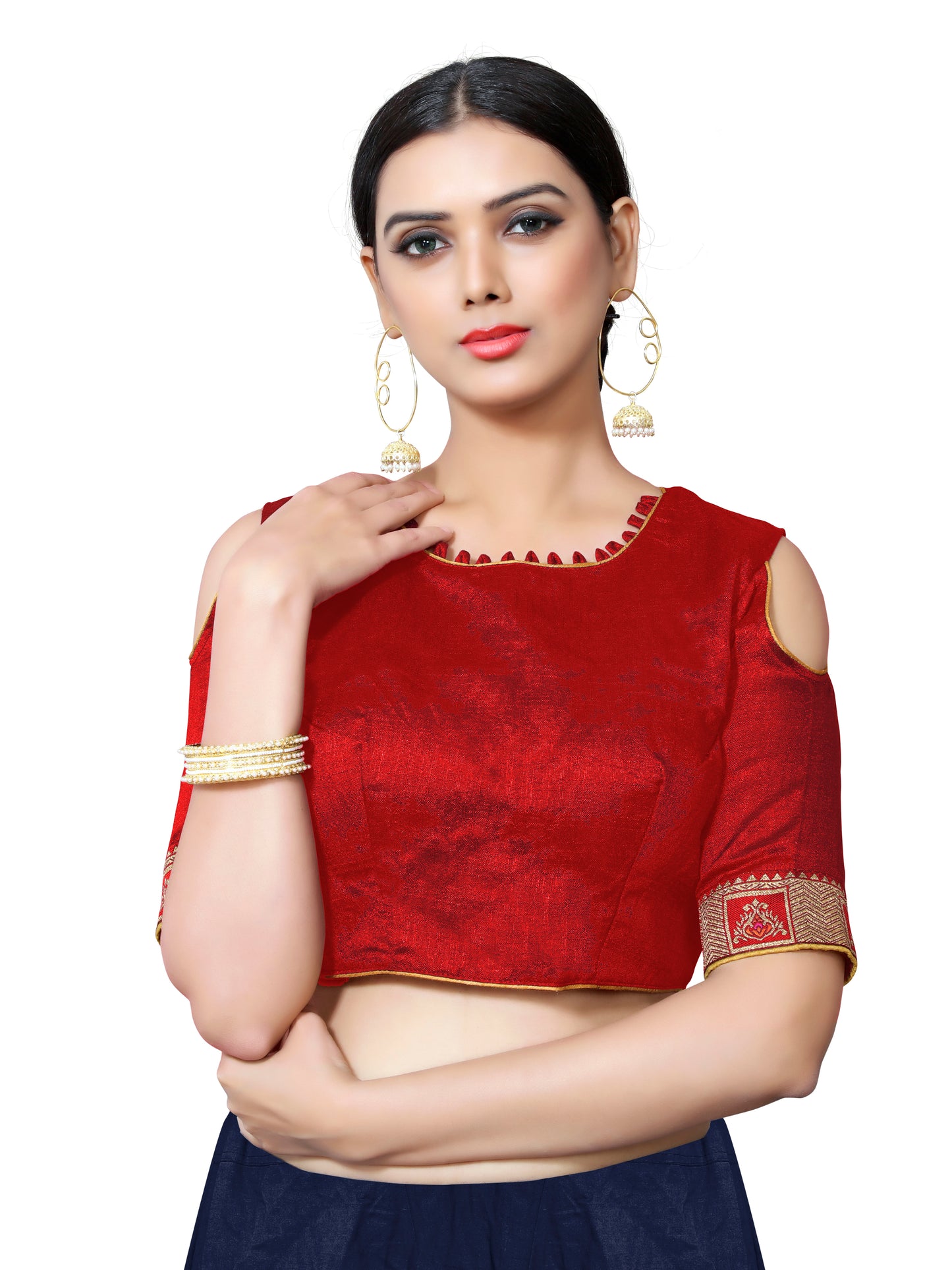 In-Sattva Women's Silk Lace Pearl Round Neck Blouse; Sangria Red