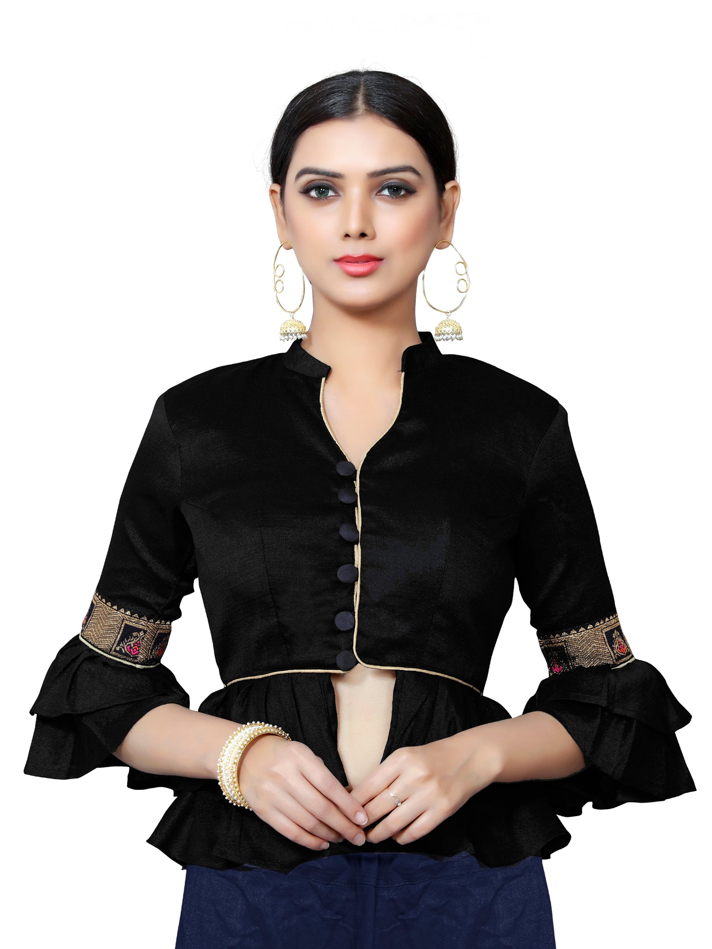 In-Sattva Women's Silk Lace Button V-Neck Blouse; Jade Black