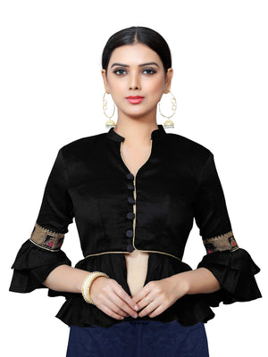 In-Sattva Women's Silk Lace Button V-Neck Blouse; Jade Black