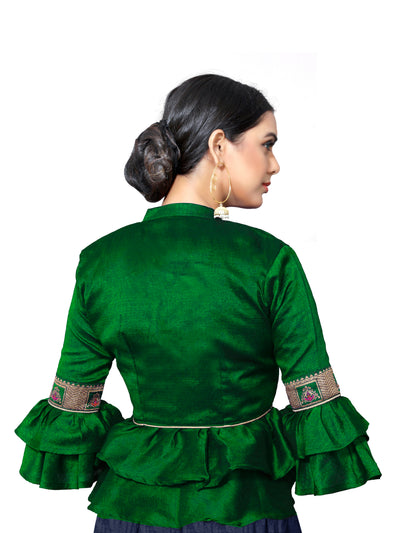 In-Sattva Women's Silk Lace Button V-Neck Blouse; Spring Green