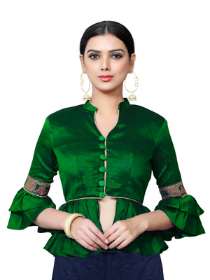 In-Sattva Women's Silk Lace Button V-Neck Blouse; Spring Green