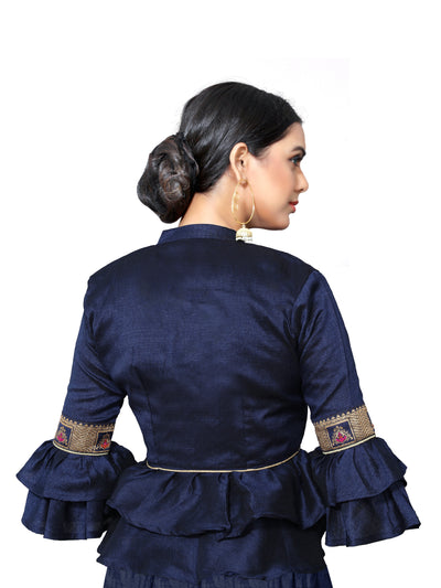 In-Sattva Women's Silk Lace Button V-Neck Blouse; Iris Blue