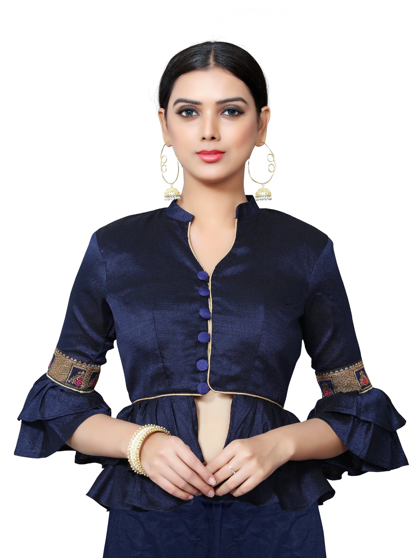 In-Sattva Women's Silk Lace Button V-Neck Blouse; Iris Blue