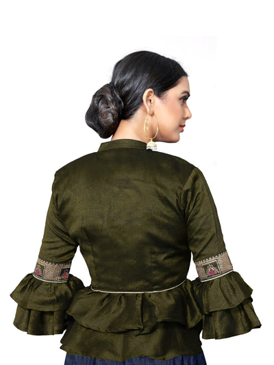 In-Sattva Women's Silk Lace Button V-Neck Blouse; Military Green