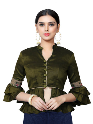 In-Sattva Women's Silk Lace Button V-Neck Blouse; Military Green
