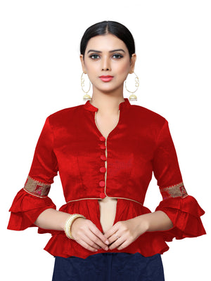 In-Sattva Women's Silk Lace Button V-Neck Blouse; Rosewood Red