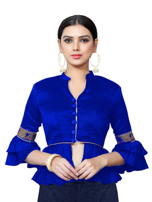 In-Sattva Women's Silk Lace Button V-Neck Blouse; Indigo Blue