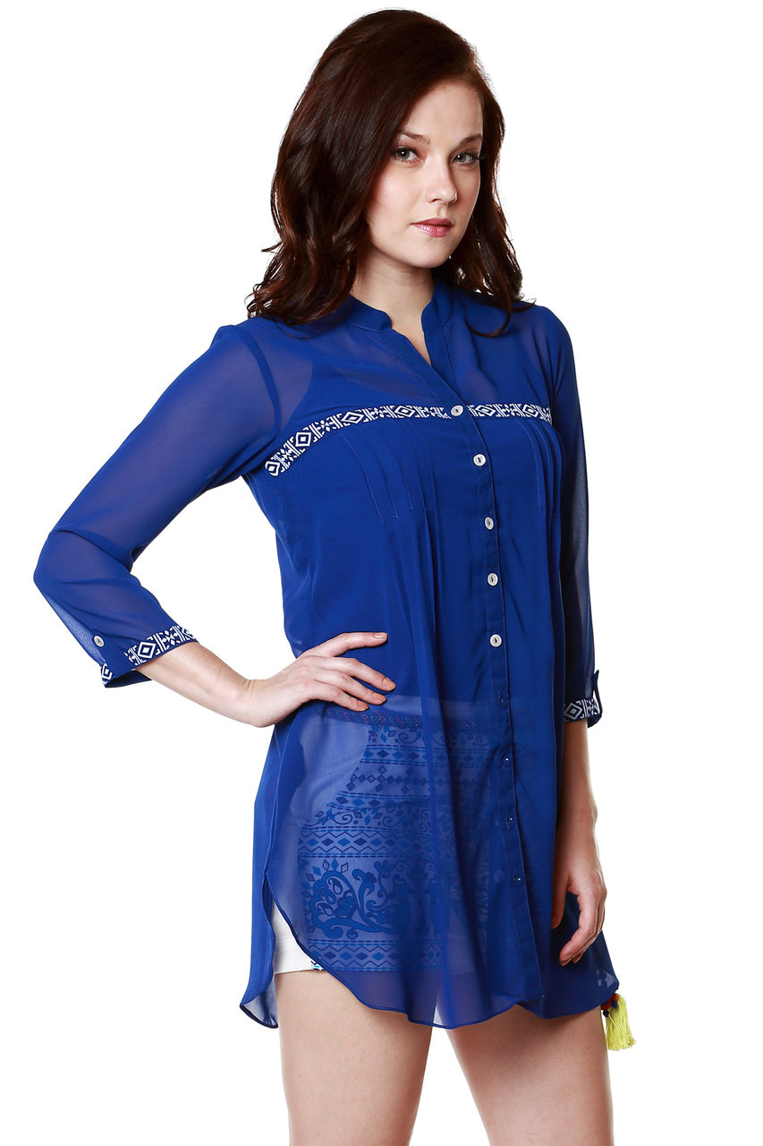 Global Desi Womens Boho Sheer Button Down Tunic - Side