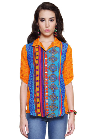 Global Desi Womens Boho Multi-Stripe Button Down Top - Front