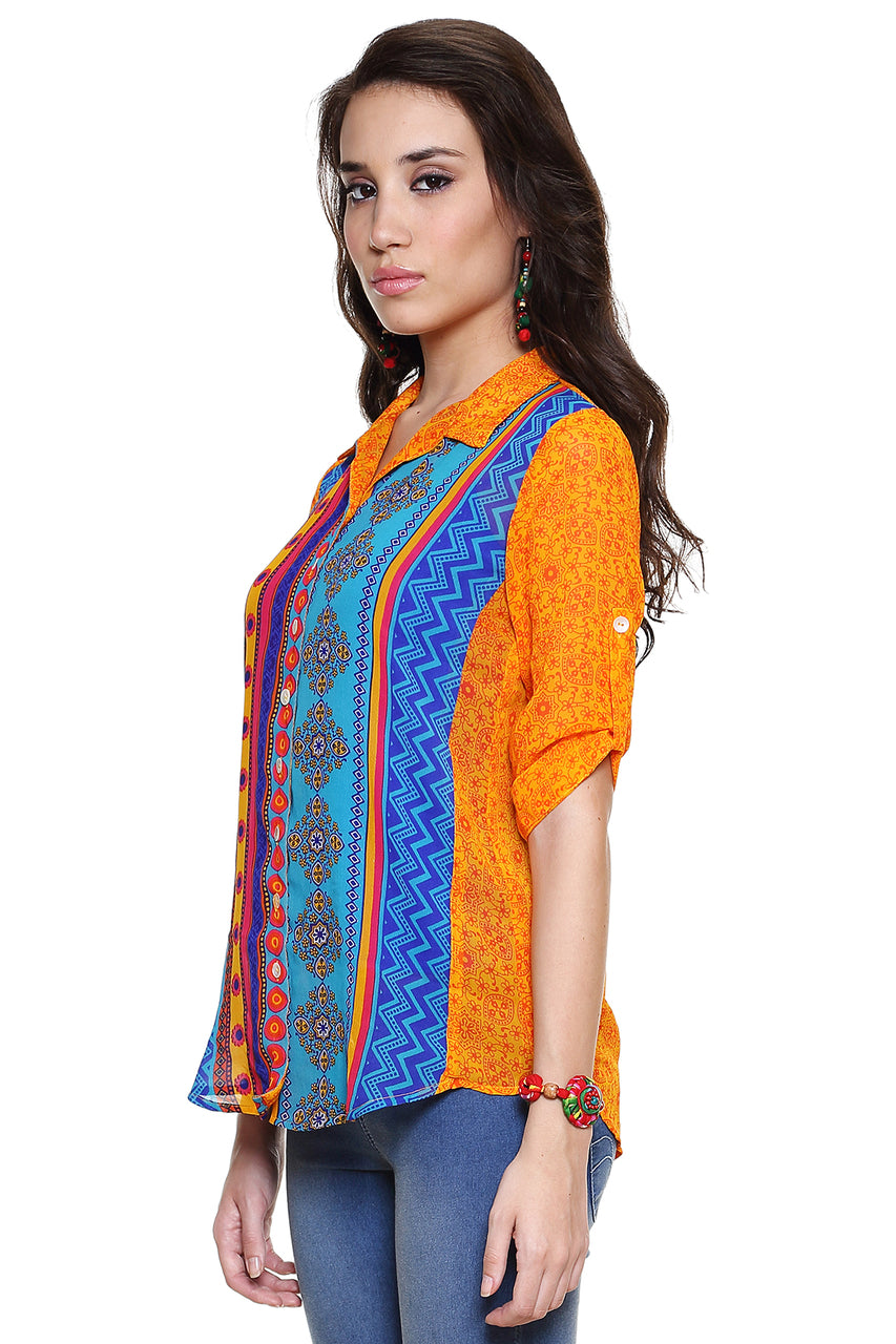 Global Desi Womens Boho Multi-Stripe Button Down Top - Side