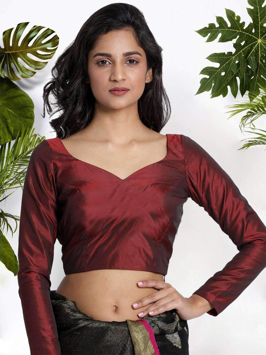 In-Sattva Women's Silk Drawstring V-Neck Blouse; Chestnut Red