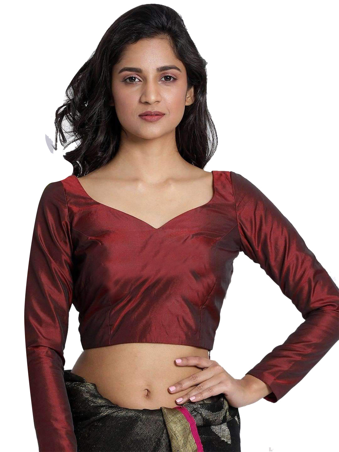 In-Sattva Women's Silk Drawstring V-Neck Blouse; Chestnut Red