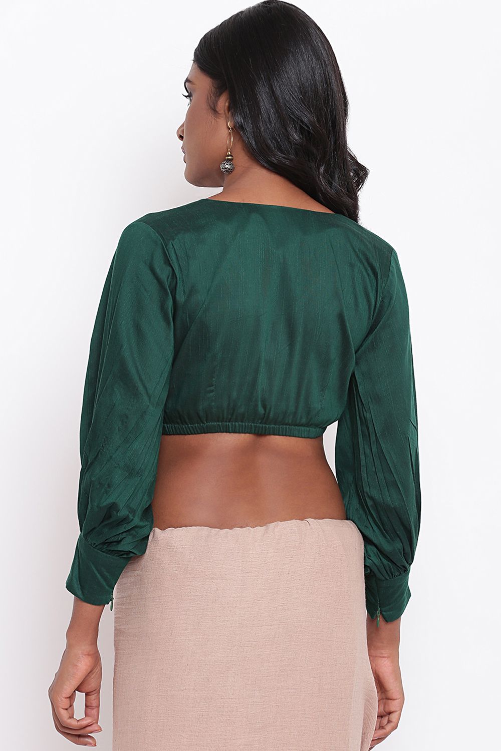 In-Sattva Women's Silk  Puff Long Sleeve V-Neck Blouse; Hunter Green