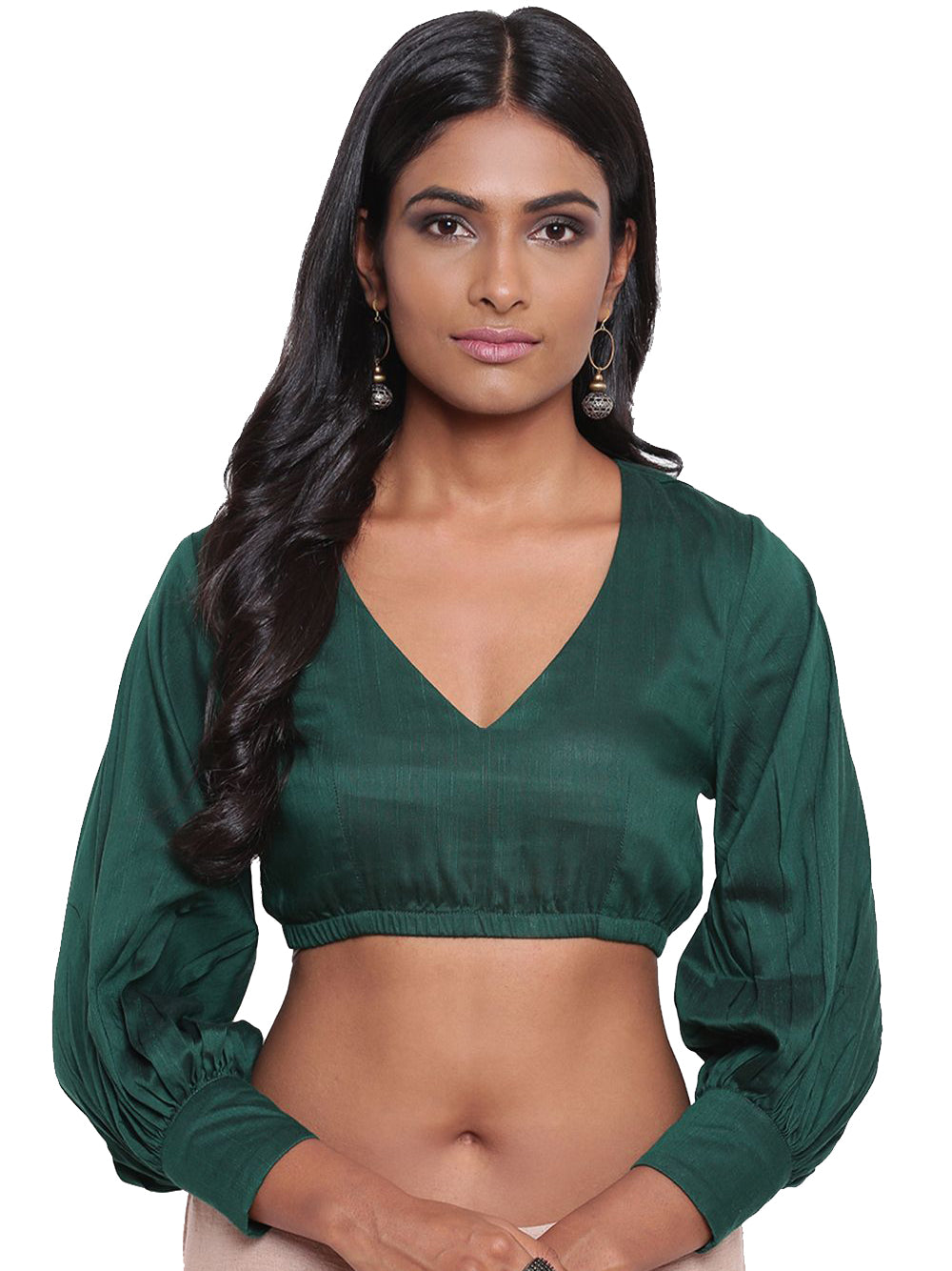 In-Sattva Women's Silk  Puff Long Sleeve V-Neck Blouse; Hunter Green