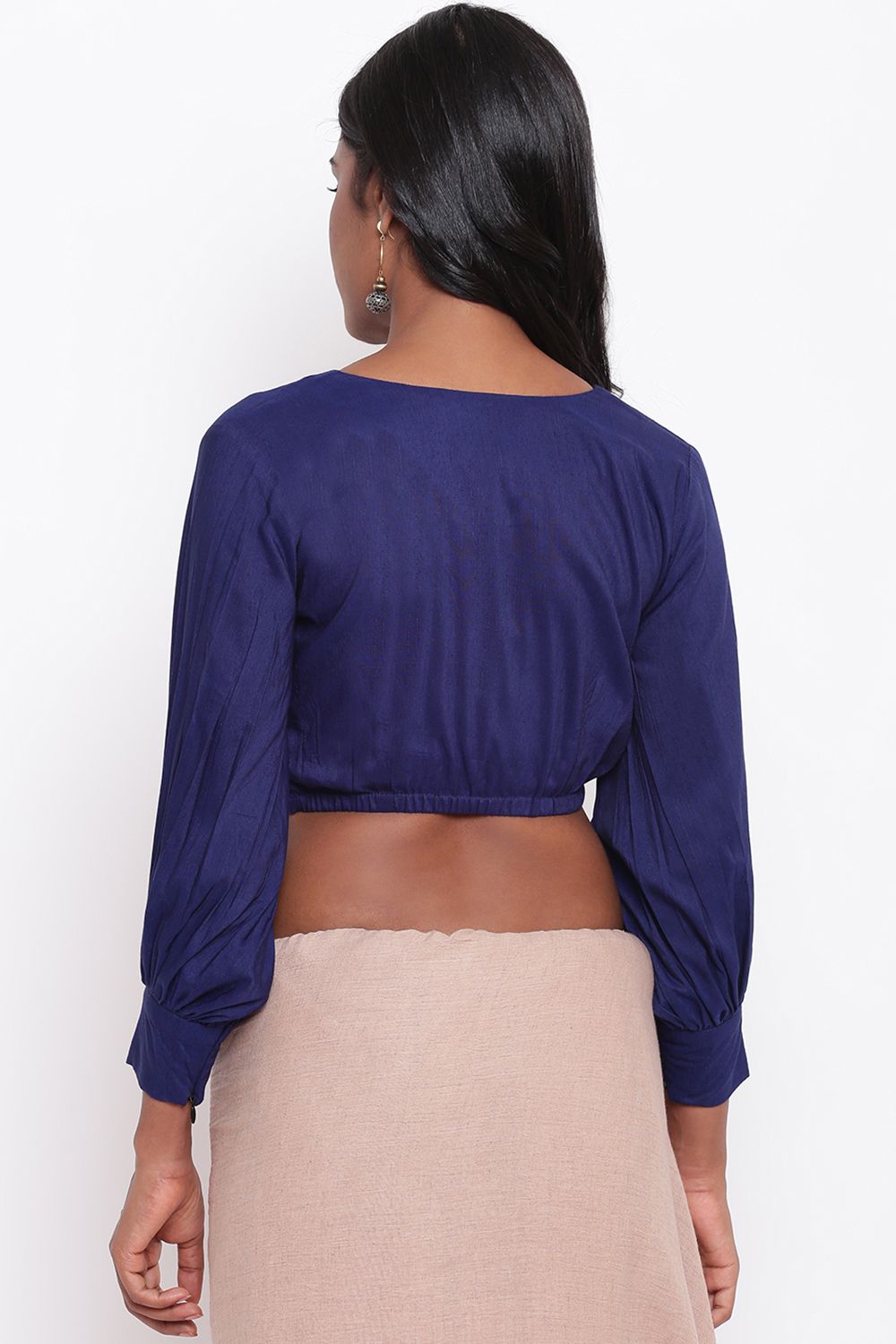 In-Sattva Women's Silk  Puff Long Sleeve V-Neck Blouse; Tulip Blue