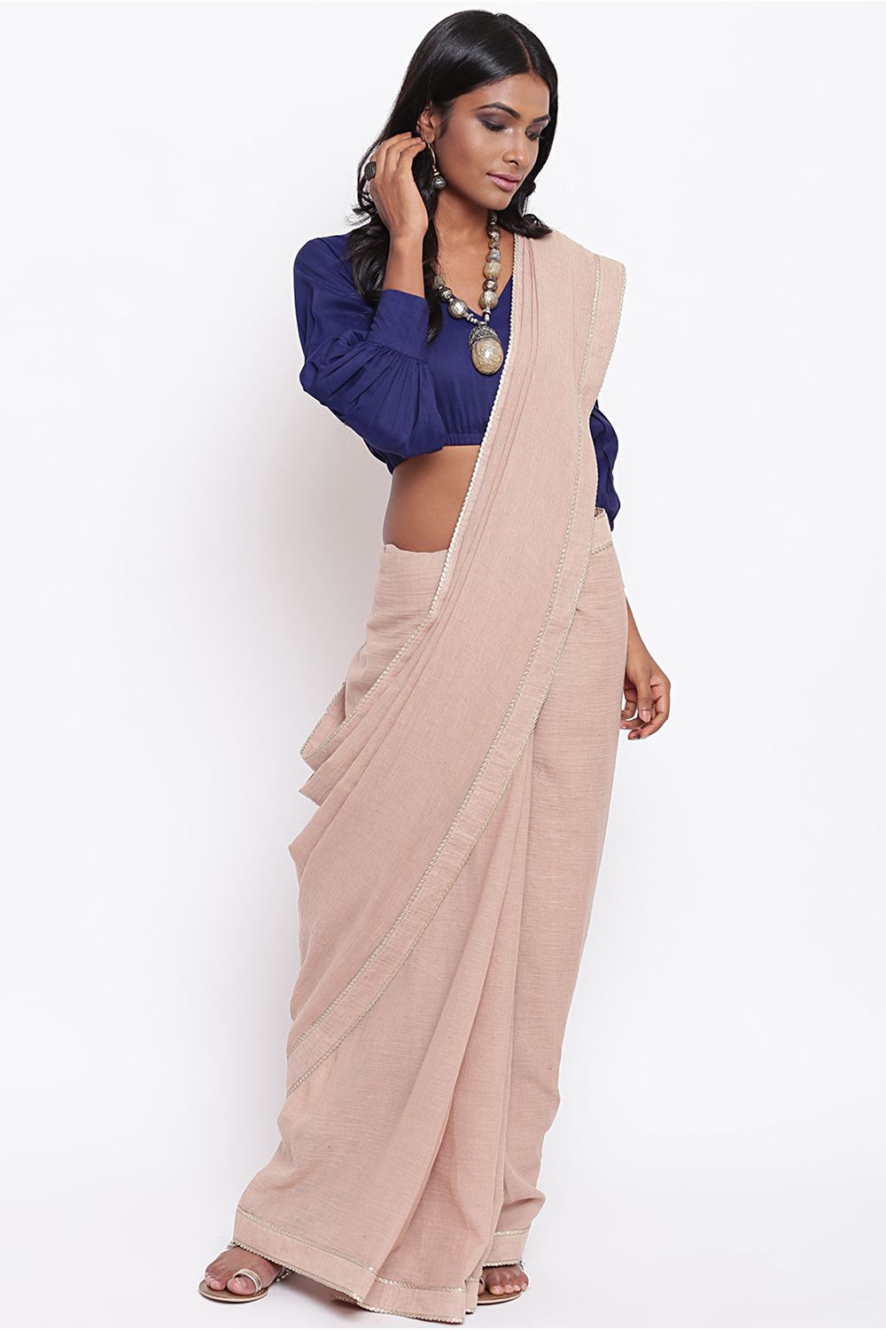 In-Sattva Women's Silk  Puff Long Sleeve V-Neck Blouse; Tulip Blue