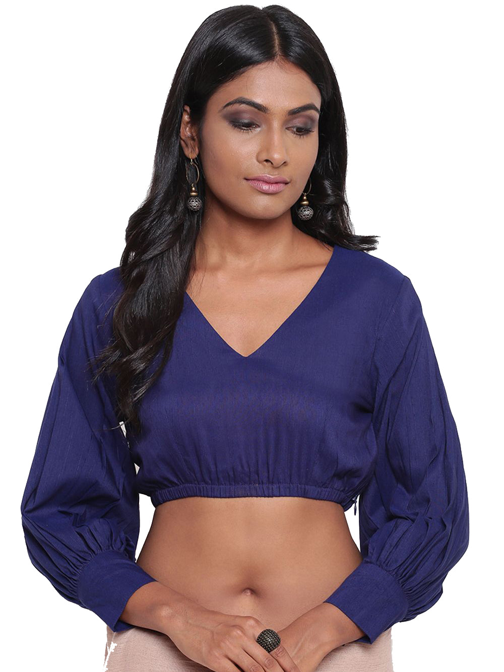 In-Sattva Women's Silk  Puff Long Sleeve V-Neck Blouse; Tulip Blue