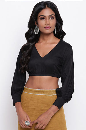 In-Sattva Women's Silk  Puff Long Sleeve V-Neck Blouse; Crow Black