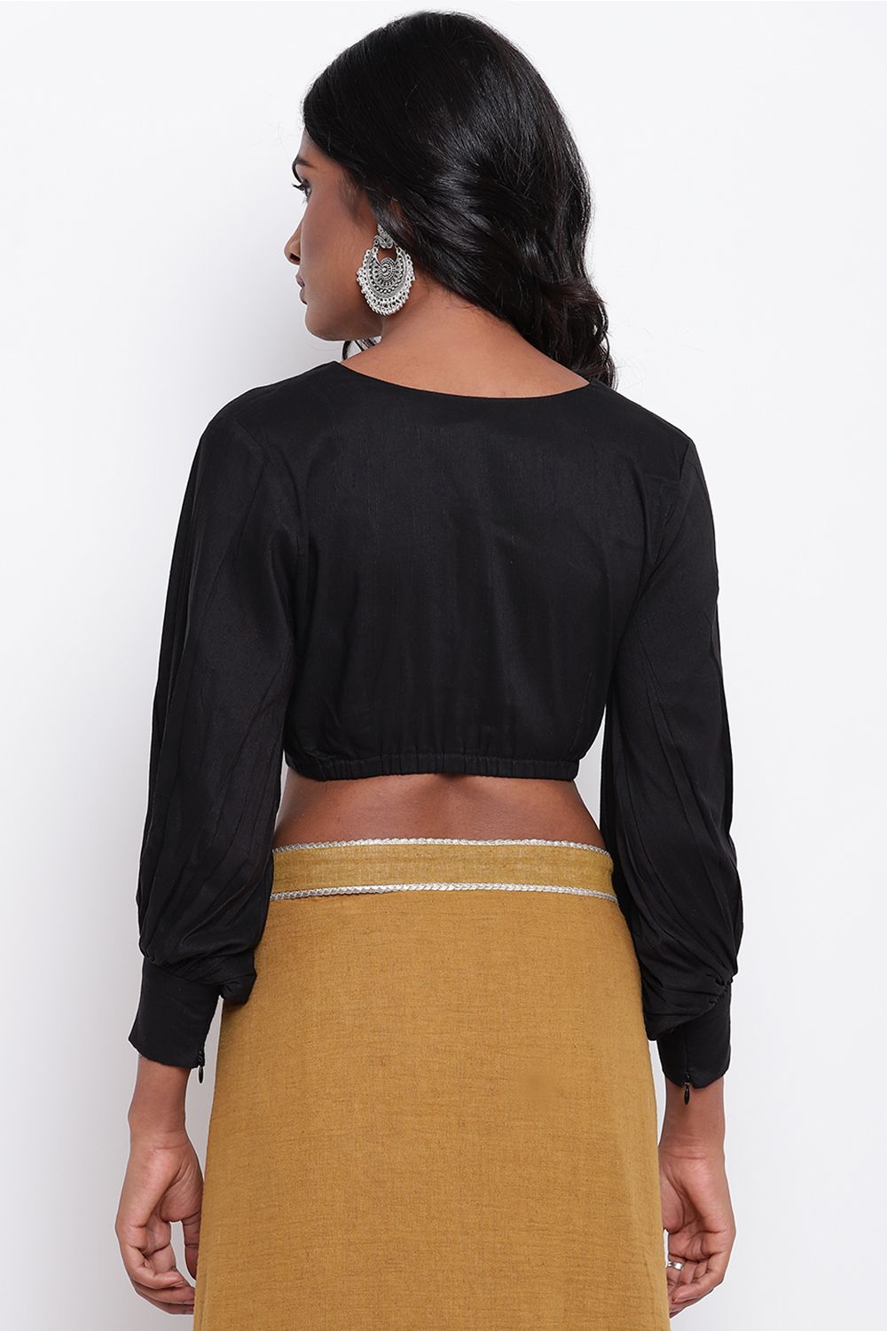 In-Sattva Women's Silk  Puff Long Sleeve V-Neck Blouse; Crow Black