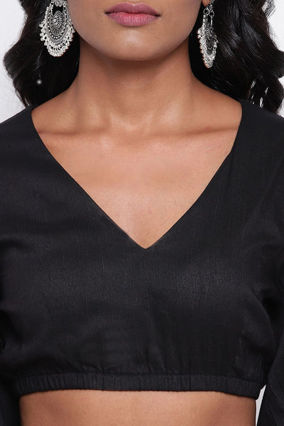 In-Sattva Women's Silk  Puff Long Sleeve V-Neck Blouse; Crow Black