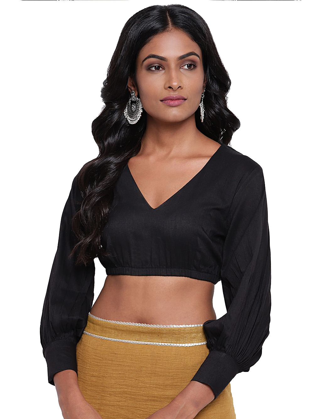 In-Sattva Women's Silk  Puff Long Sleeve V-Neck Blouse; Crow Black