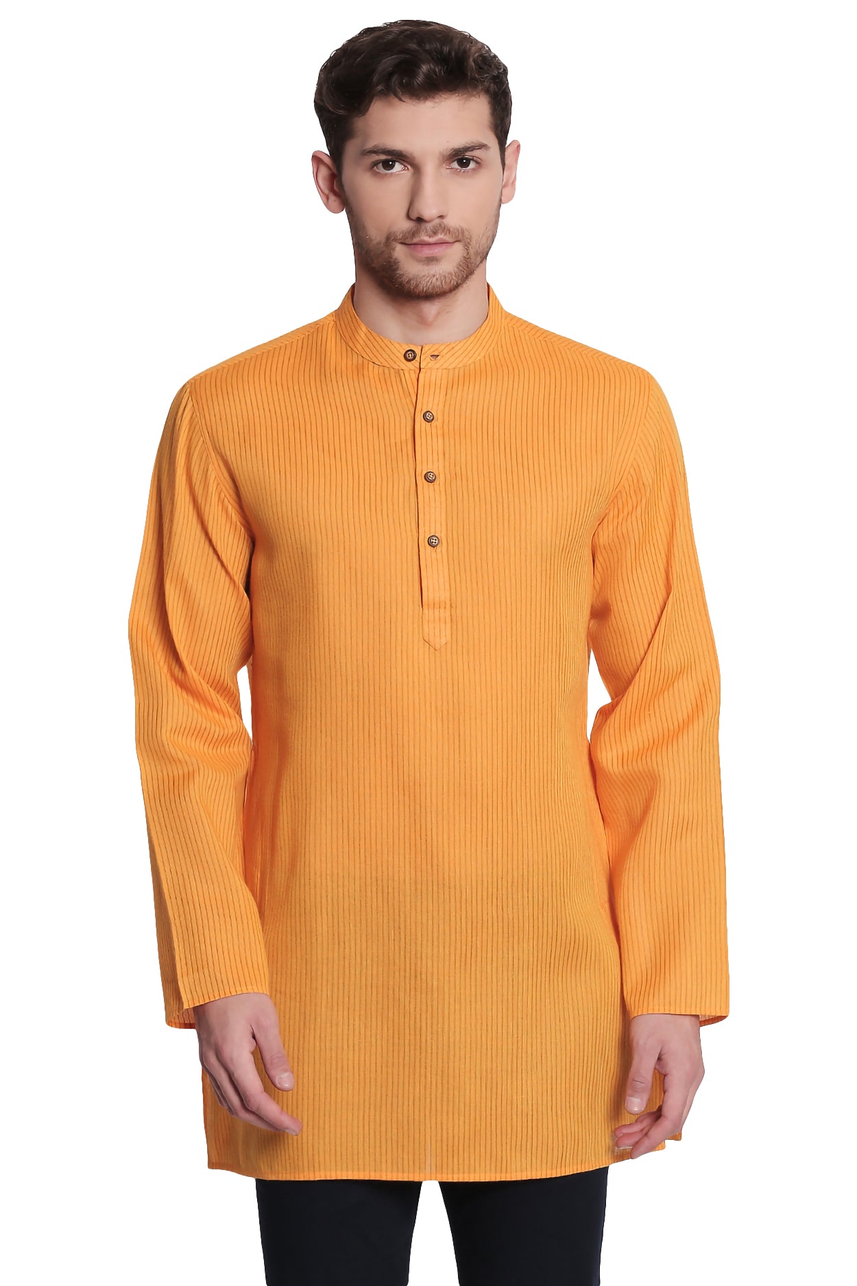 Shatranj Men's Indian Banded Collar Fine Stripe Kurta Tunic