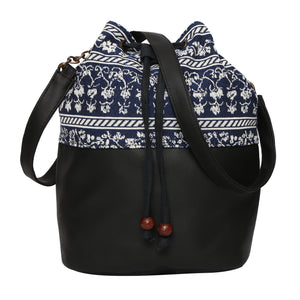 Women's Crossbody Floral Navy Blue Striped Black Bucket Bag