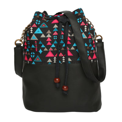 Women's Crossbody Tribal Aztec Print Black Bucket Bag