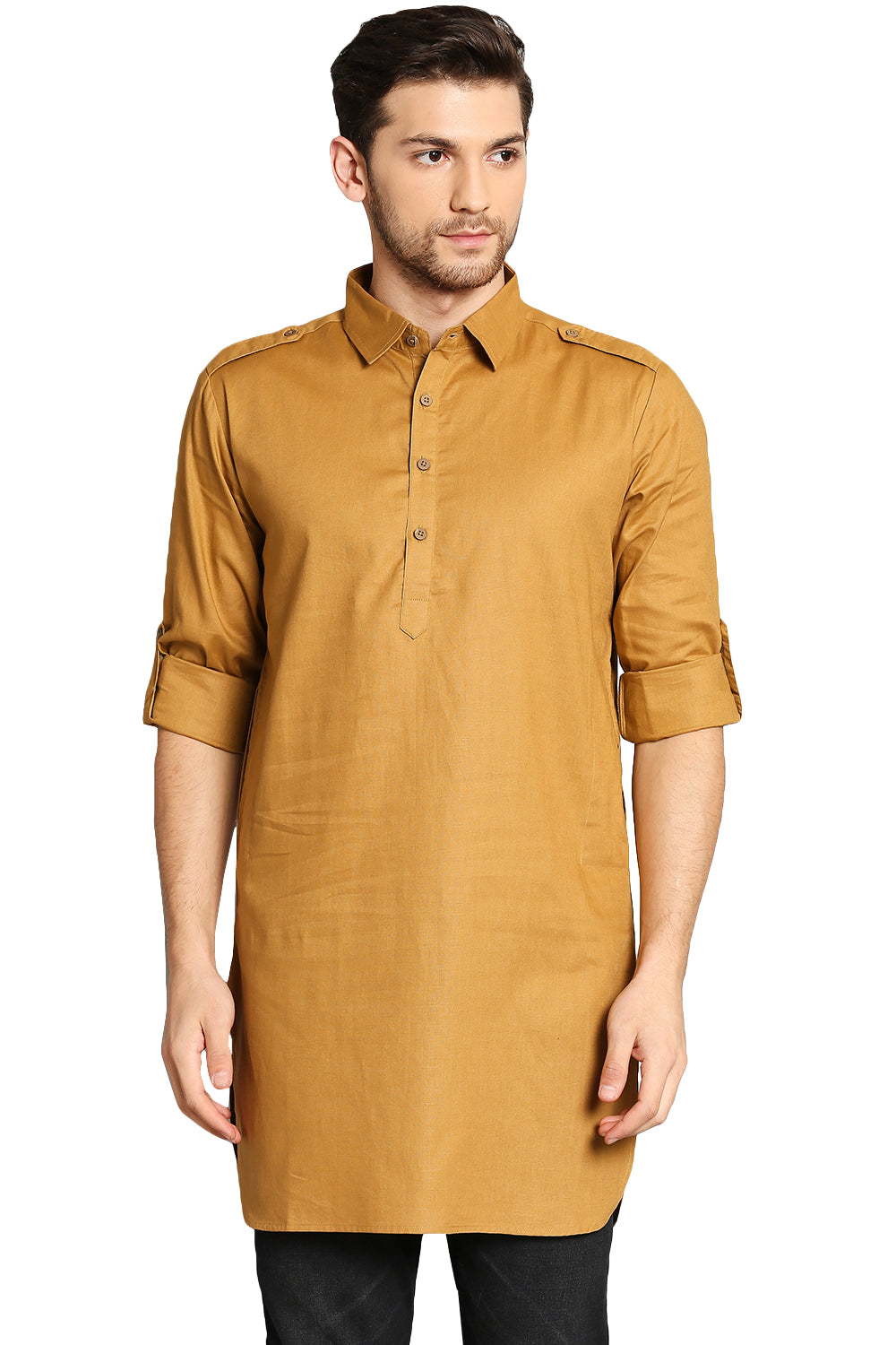 In-Sattva Men's Pullover Pathani Rollup Sleeve Kurta Tunic with Shoulder Strap Mustard