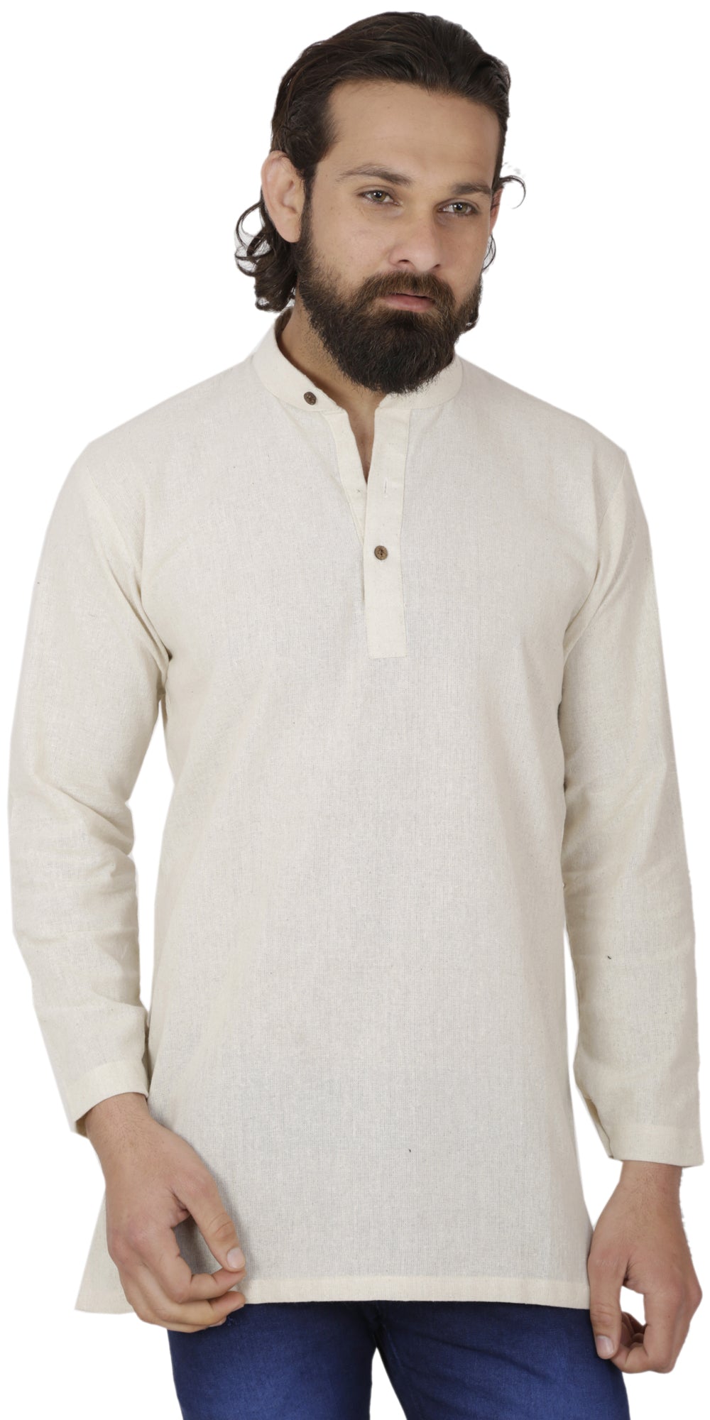 Men's  Indian Traditional Khadi cotton Kurta Tunic: Off-White | Front view | In-Sattva