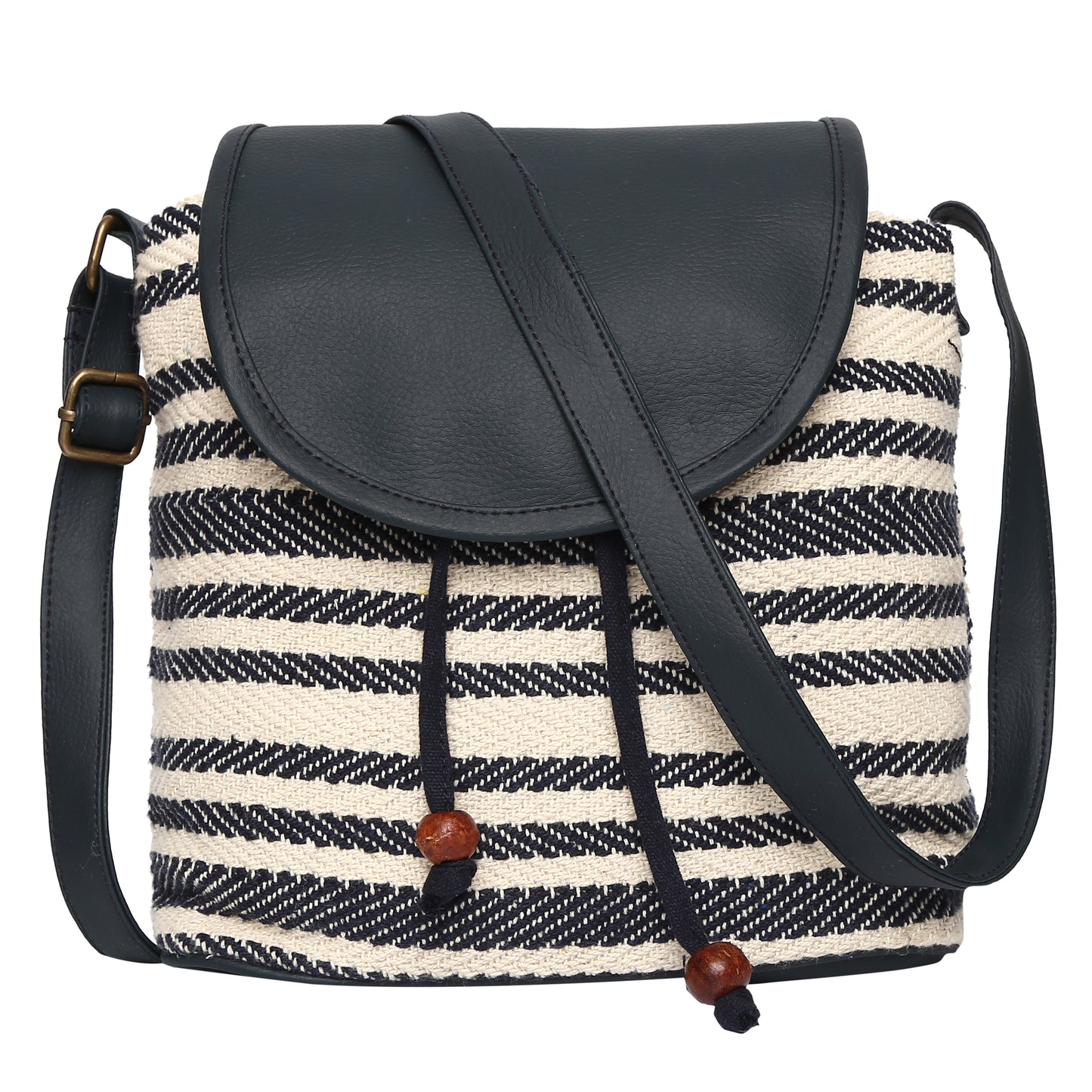 Women's Crossbody Cream and Navy Blue Striped Bucket Bag
