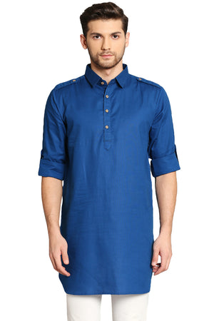 In-Sattva Men's Pullover Pathani Rollup Sleeve Kurta Tunic with Shoulder Strap - Ink Blue