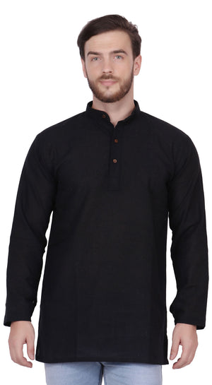 Men's  Indian Traditional Khadi cotton Kurta Tunic: Black | Front view | In-Sattva