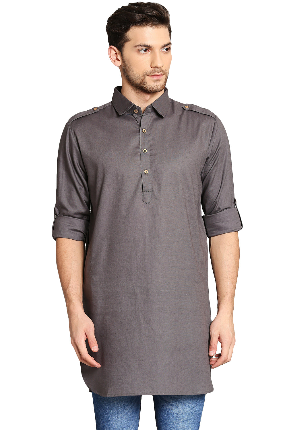 In-Sattva Men's Pullover Pathani Rollup Sleeve Kurta Tunic with Shoulder Strap Grey