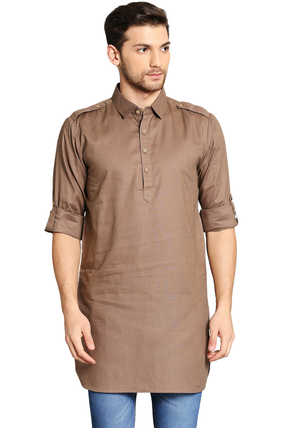 In-Sattva Men's Pullover Pathani Rollup Sleeve Kurta Tunic with Shoulder Strap Camel Brown