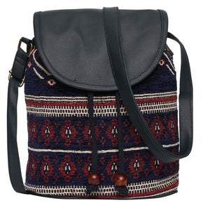 Women's Crossbody Navy Blue with Chenille Boho Print Bag