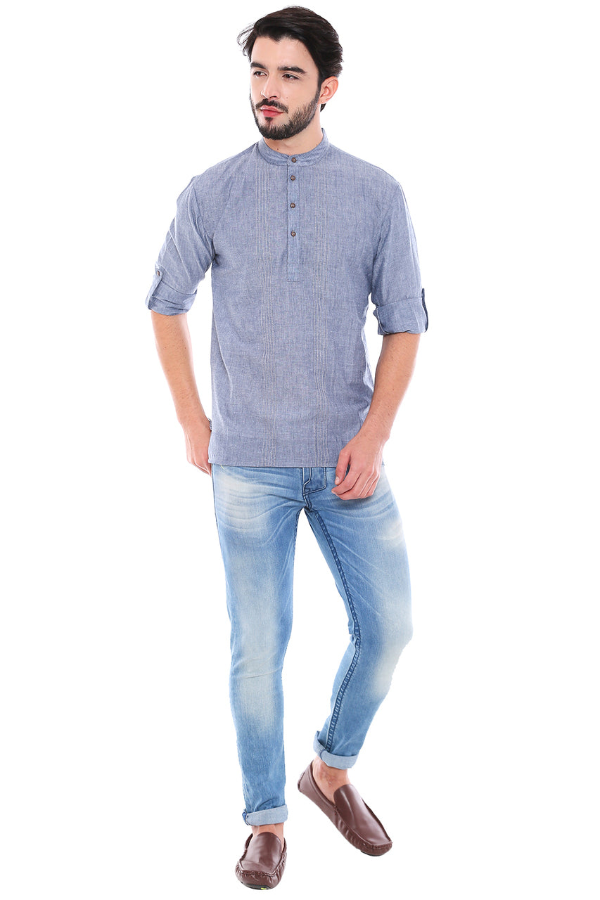 In-Sattva Men's Mandarin Collar Henley Style Short Fitted Kurta Tunic Grey