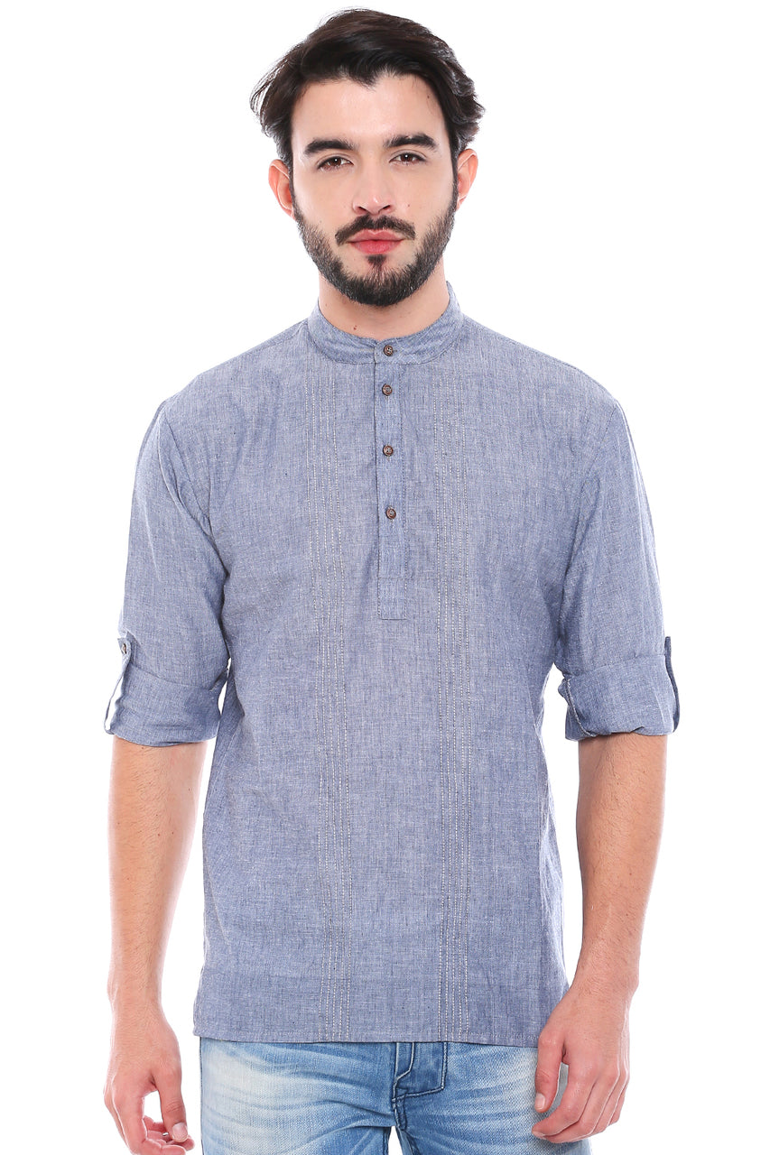 In-Sattva Men's Mandarin Collar Henley Style Short Fitted Kurta Tunic Grey