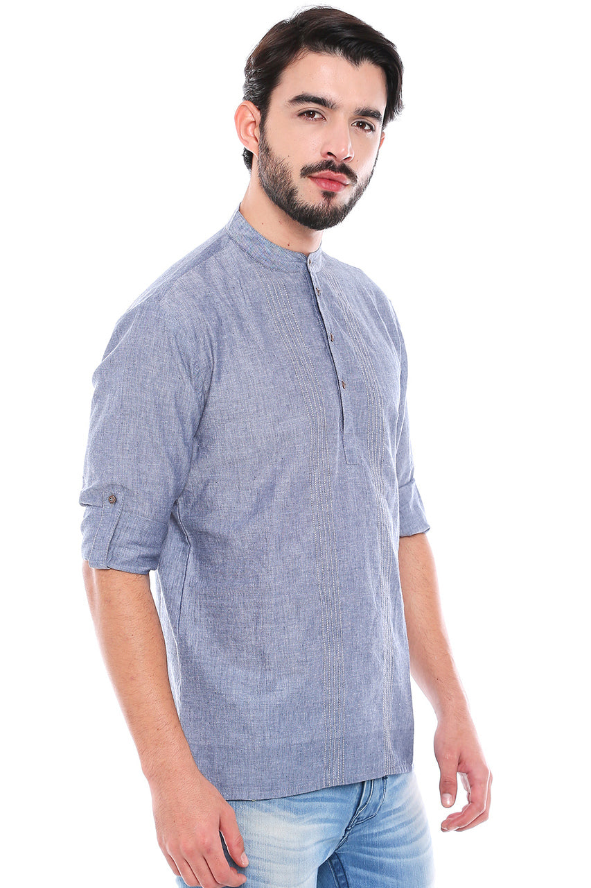 In-Sattva Men's Mandarin Collar Henley Style Short Fitted Kurta Tunic Grey