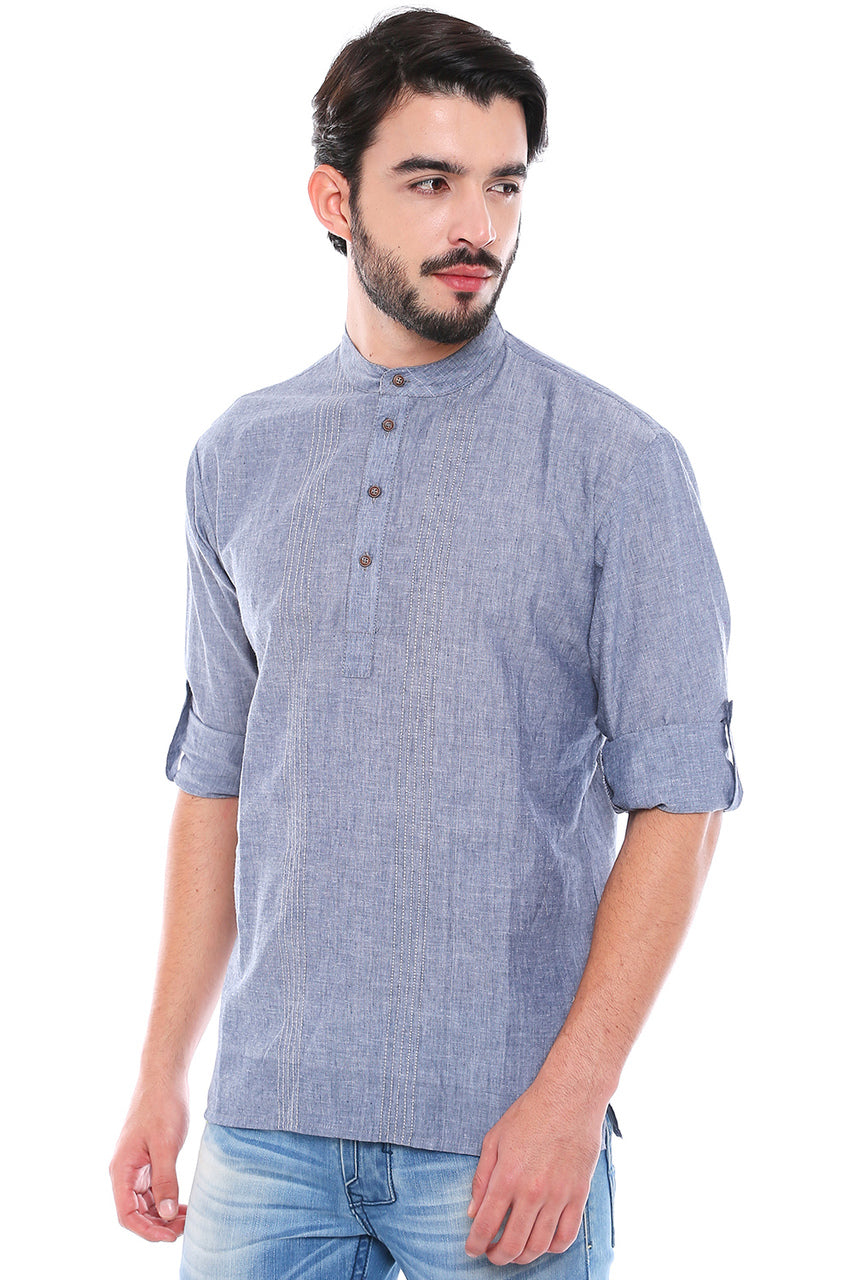 In-Sattva Men's Mandarin Collar Henley Style Short Fitted Kurta Tunic Grey