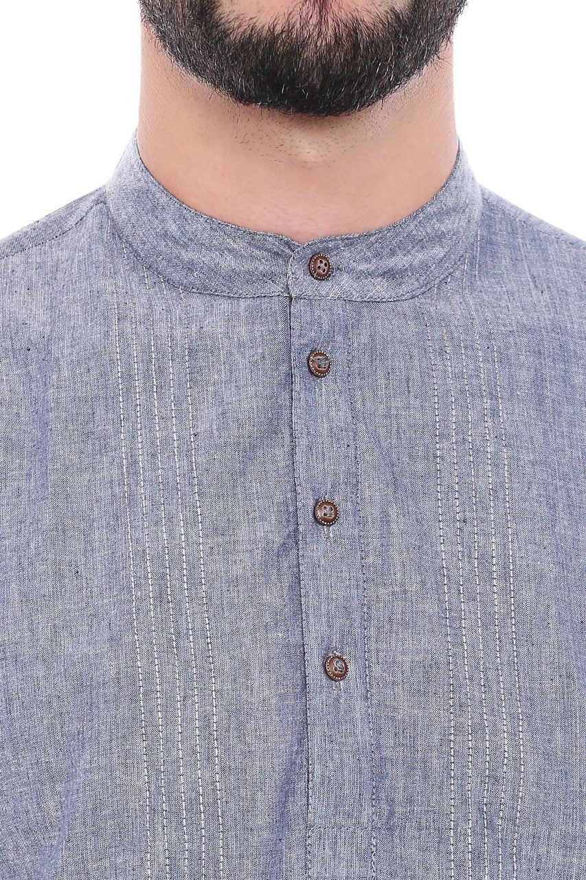 In-Sattva Men's Mandarin Collar Henley Style Short Fitted Kurta Tunic Grey