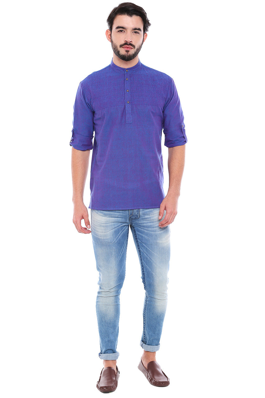 In-Sattva Men's Mandarin Collar Henley Style Short Fitted Kurta Tunic Blue