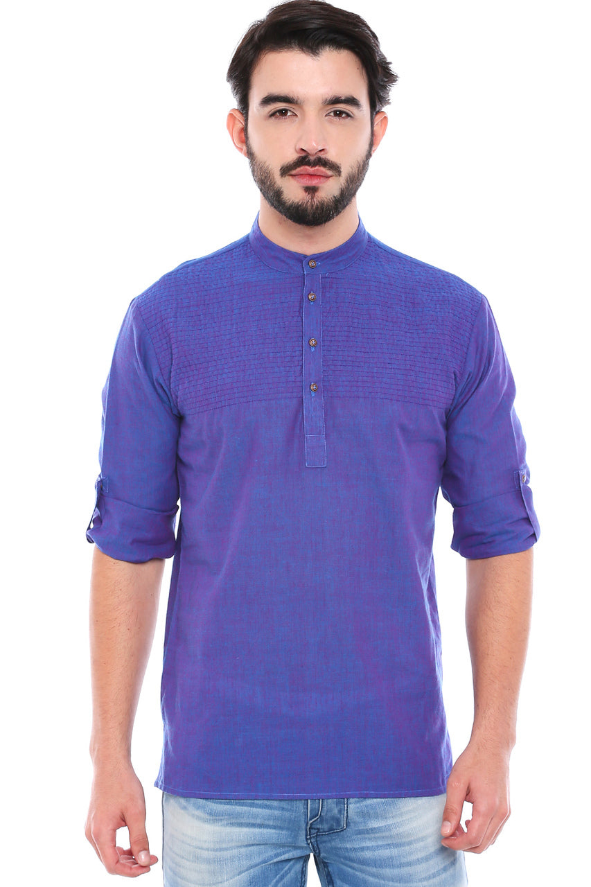 In-Sattva Men's Mandarin Collar Henley Style Short Fitted Kurta Tunic Blue