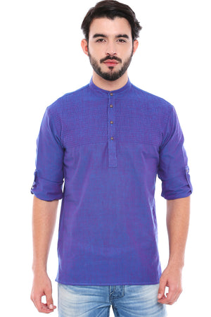 In-Sattva Men's Mandarin Collar Henley Style Short Fitted Kurta Tunic Blue