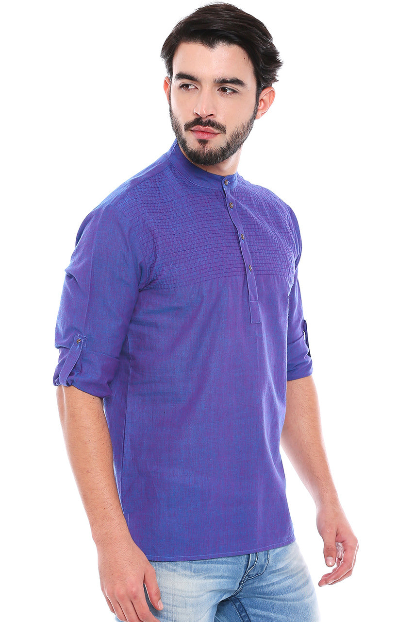 In-Sattva Men's Mandarin Collar Henley Style Short Fitted Kurta Tunic Blue