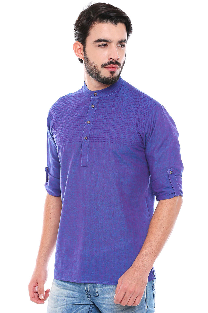 In-Sattva Men's Mandarin Collar Henley Style Short Fitted Kurta Tunic Blue
